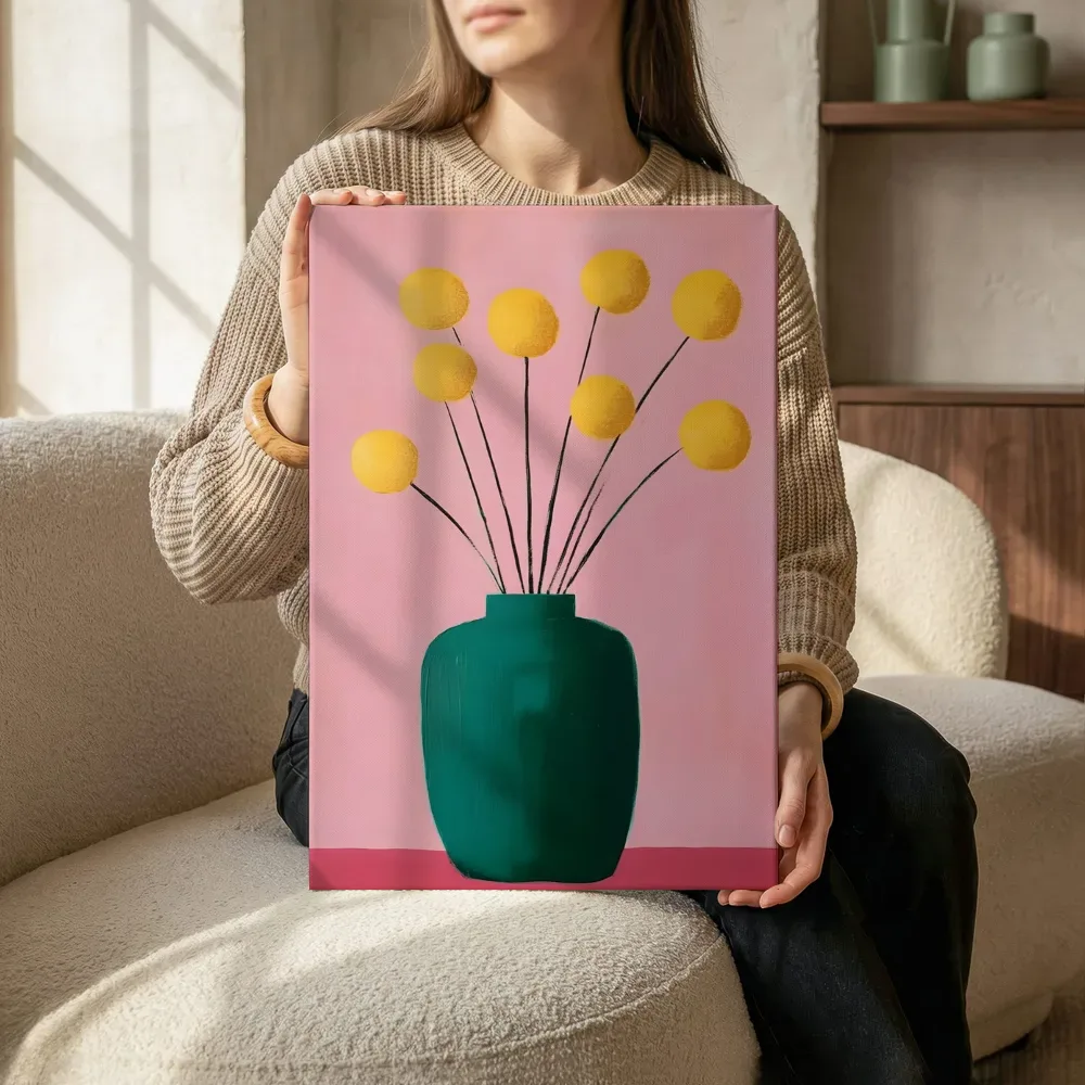 Sfeerimpressie: Gele knopbloemen boeket terwijl het zittend wordt getoond