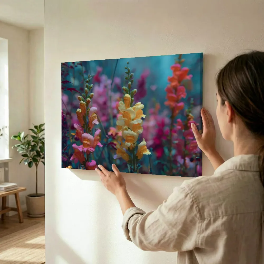 Sfeerimpressie: Gele leeuwenbekjes tegen turquoise terwijl het wordt opgehangen