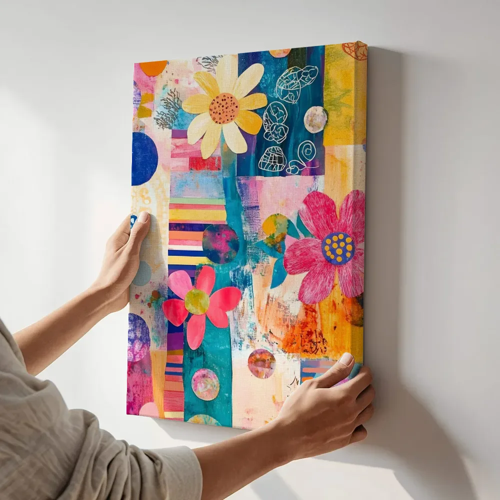 Sfeerimpressie: Gele margriet roze bloemen collage terwijl het aan de muur wordt gehangen