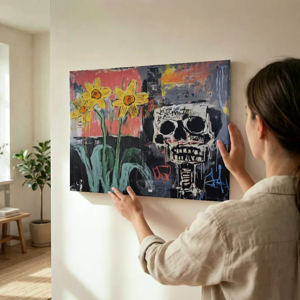 Sfeerimpressie: Gele narcissen naast schedelgraffiti terwijl het wordt opgehangen