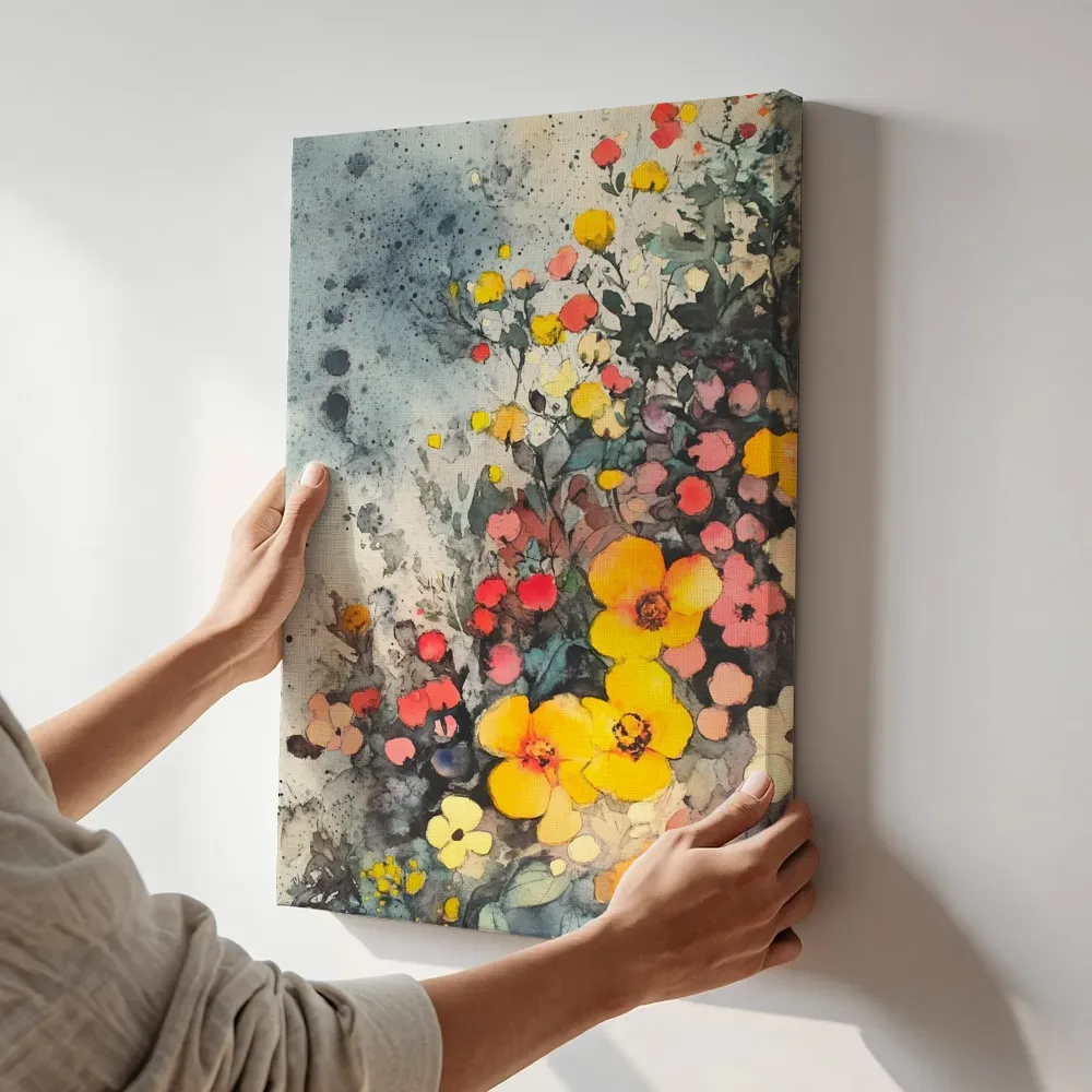 Sfeerimpressie: Gele rode bloemen aquarel terwijl het aan de muur wordt gehangen