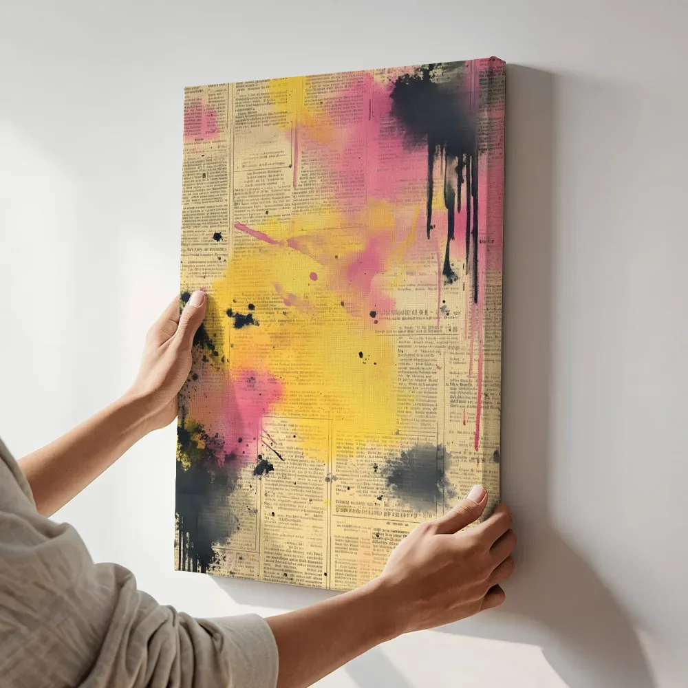Sfeerimpressie: Gele roze inktspatten terwijl het aan de muur wordt gehangen