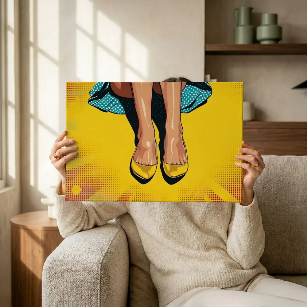 Sfeerimpressie: Gele schoenen met stippenjurk terwijl het omhoog wordt gehouden