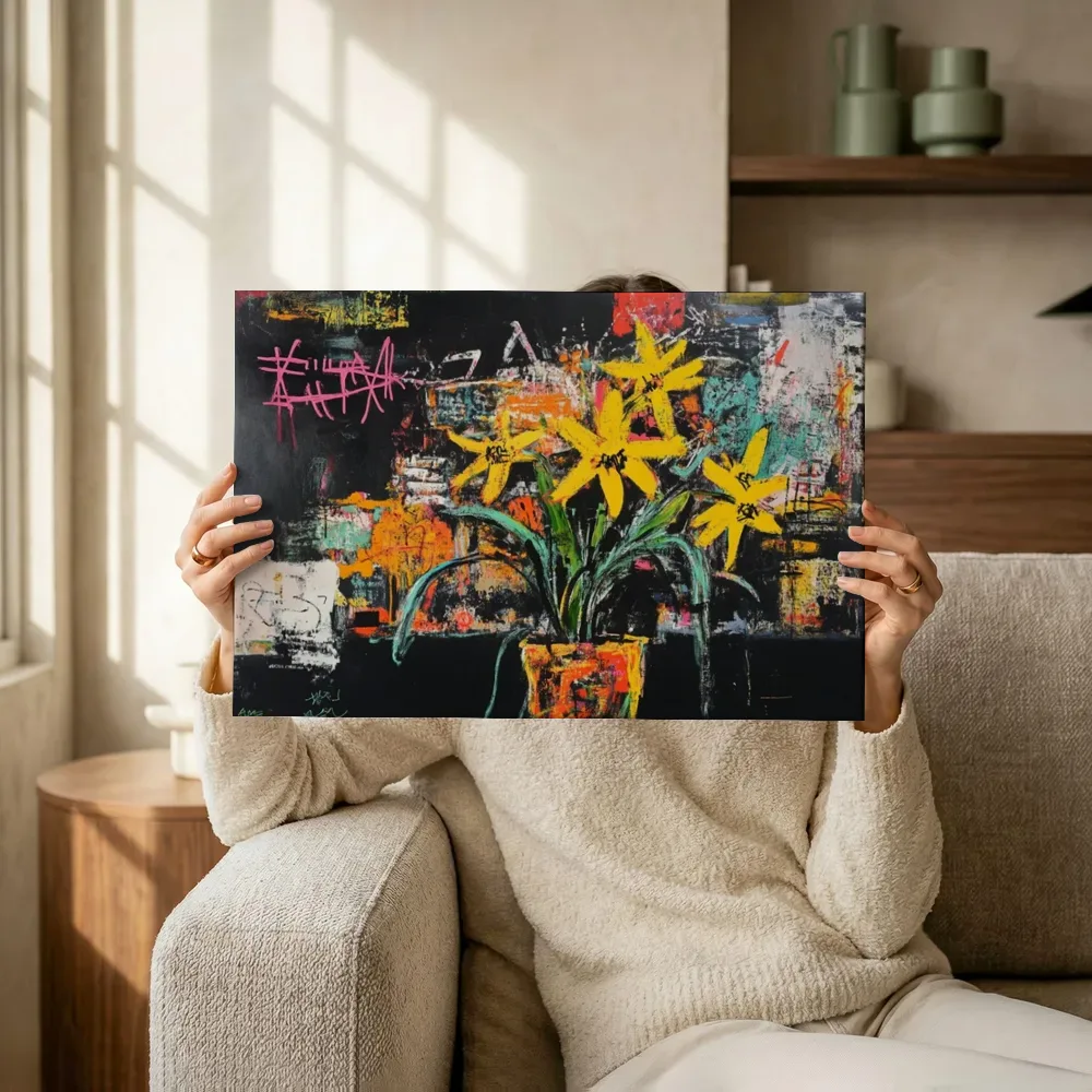 Sfeerimpressie: Gele sterbloemen in oranje pot terwijl het omhoog wordt gehouden