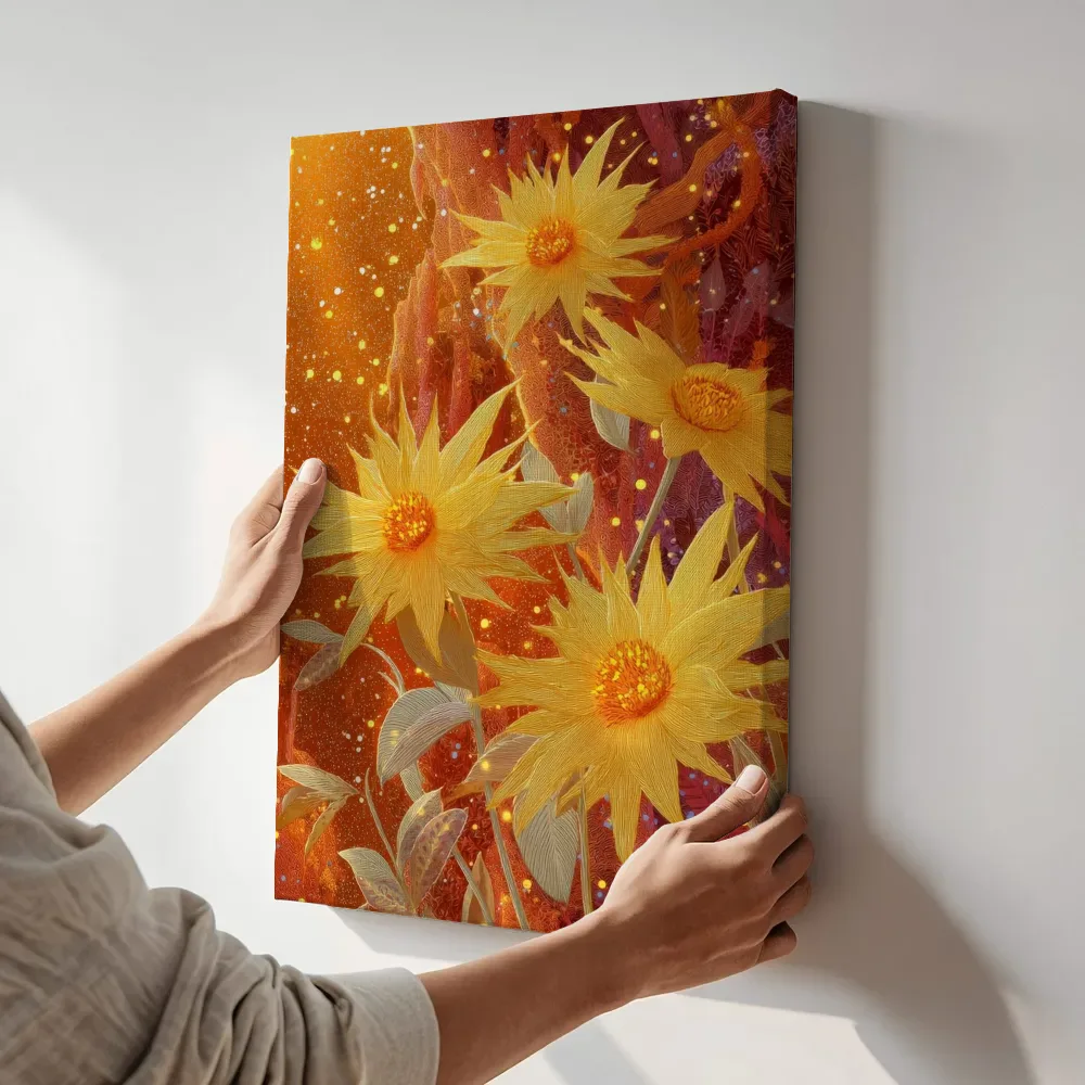 Sfeerimpressie: Sterbloemen in gouden nevel terwijl het aan de muur wordt gehangen