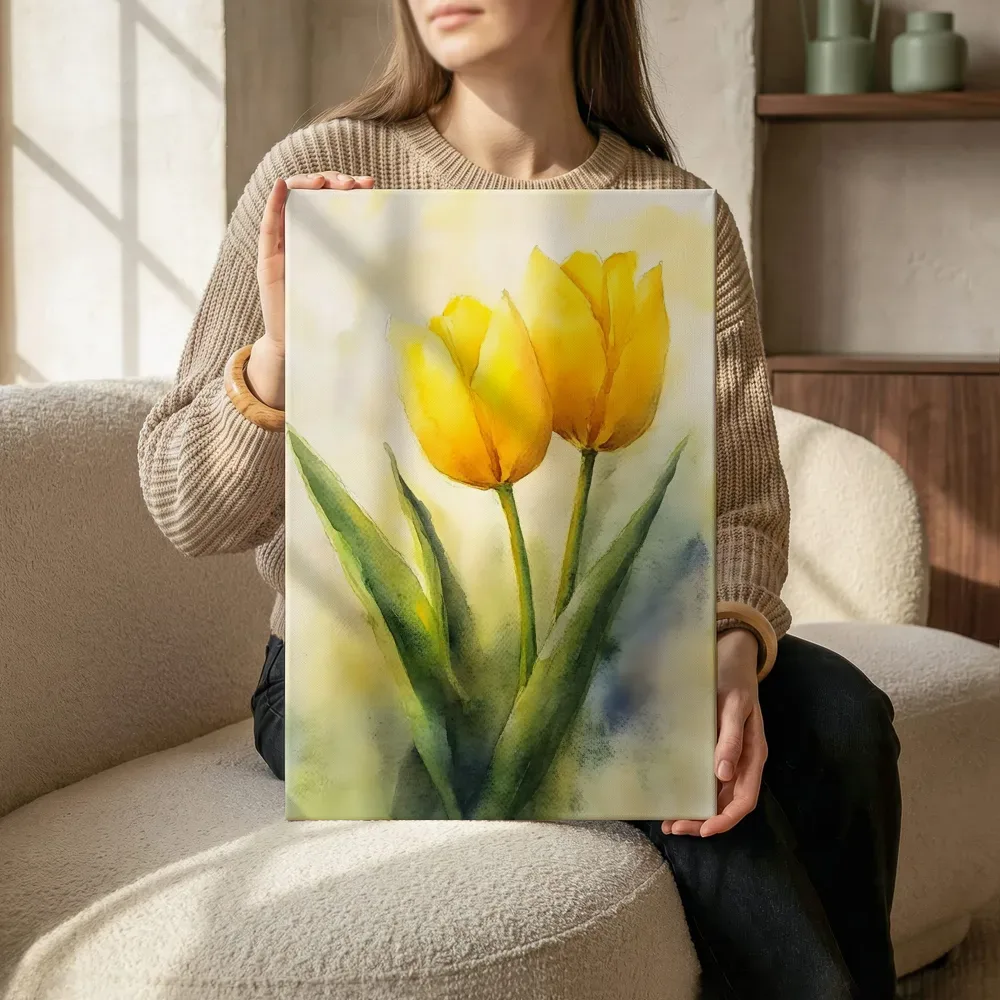 Sfeerimpressie: Gele tulpen aquarel terwijl het zittend wordt getoond