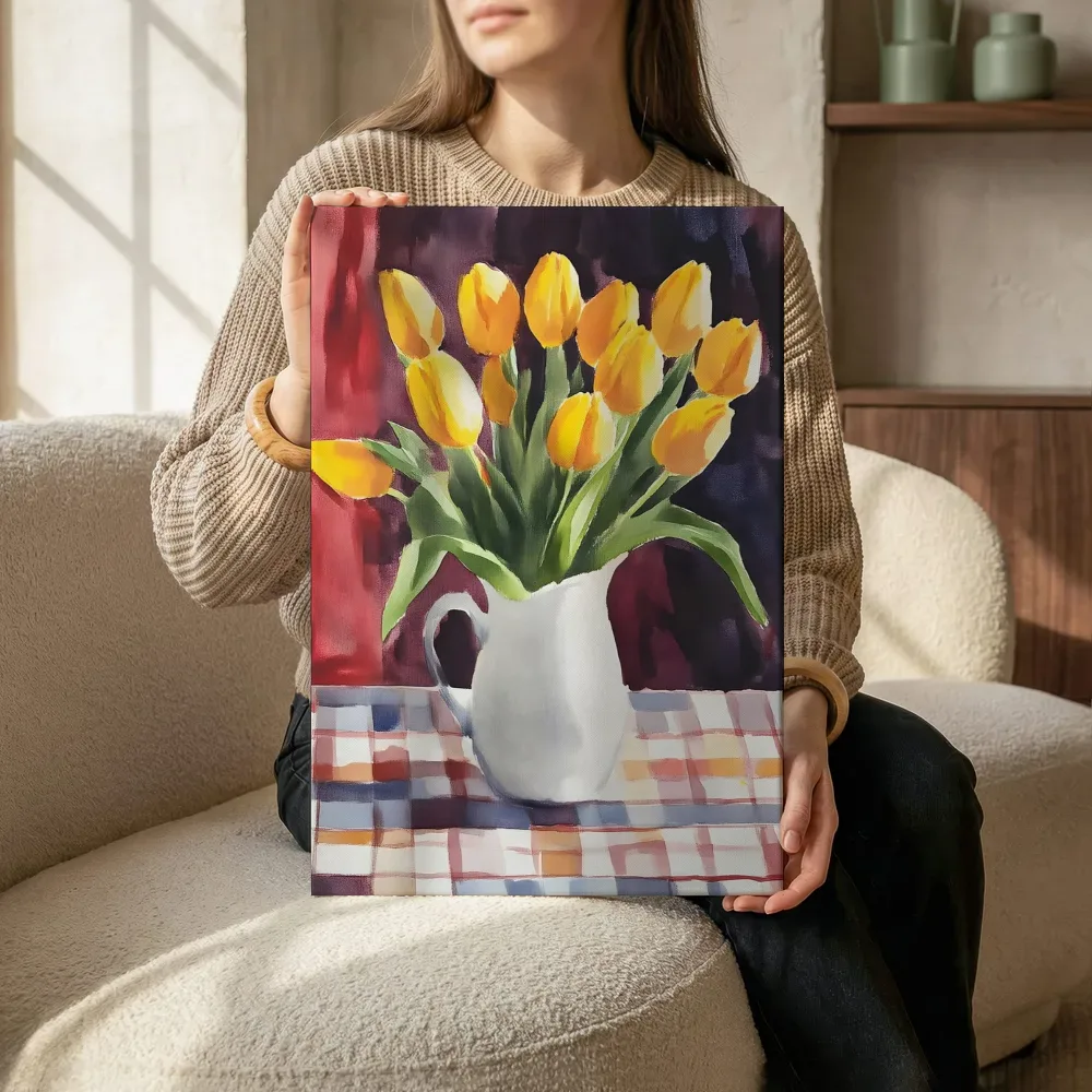 Sfeerimpressie: Gele tulpen in witte kan terwijl het zittend wordt getoond