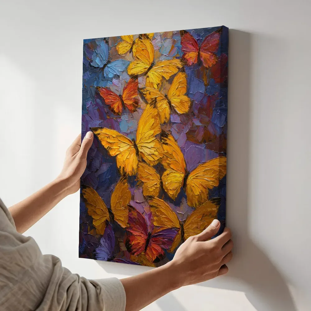 Sfeerimpressie: Gele vlindercluster op paarsblauw terwijl het aan de muur wordt gehangen