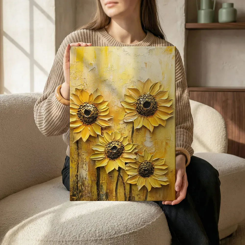 Sfeerimpressie: Gele zonnebloemen terwijl het zittend wordt getoond