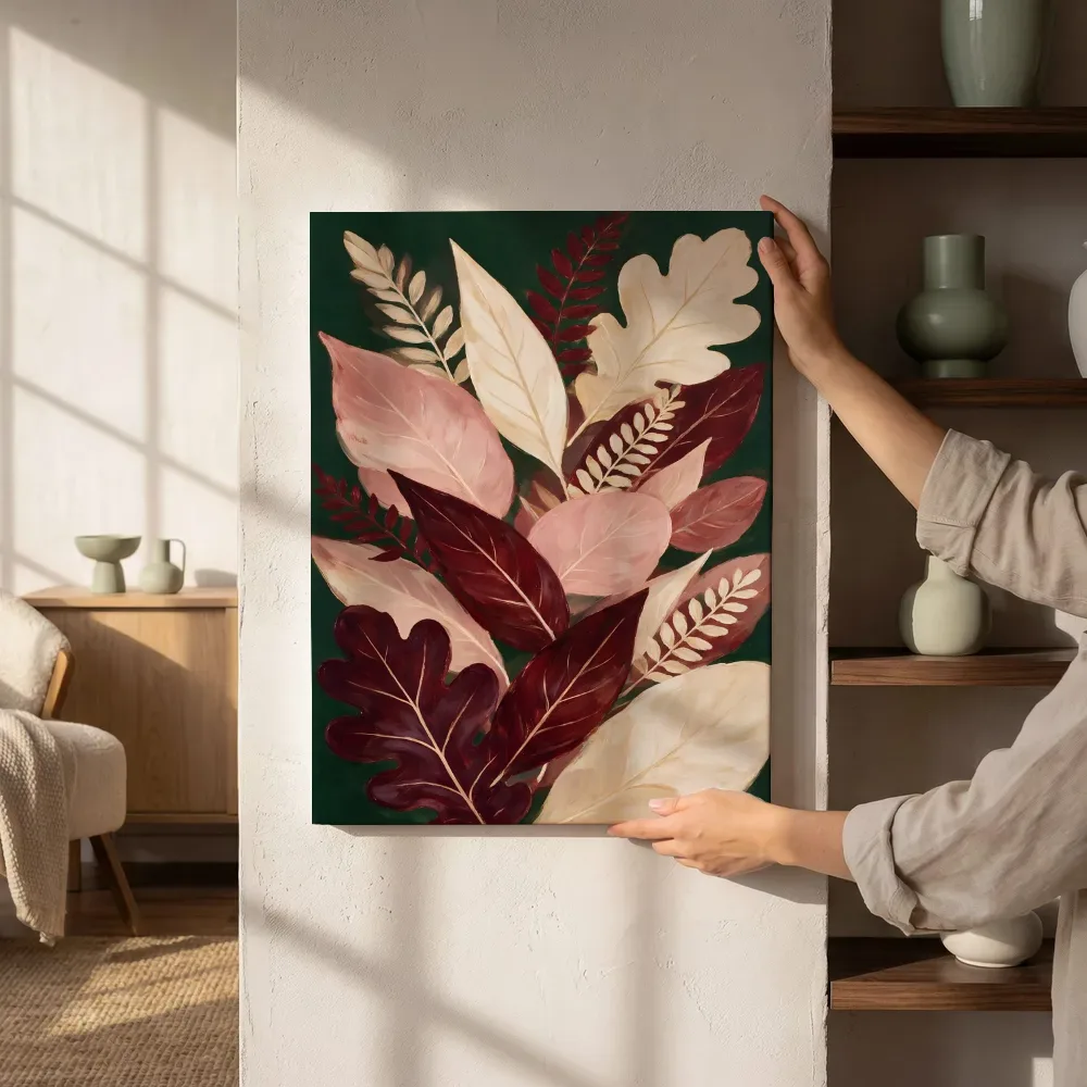 Sfeerimpressie: Gemengd bladpatroon Textured Minimalism in bordeaux 2 naast de kast