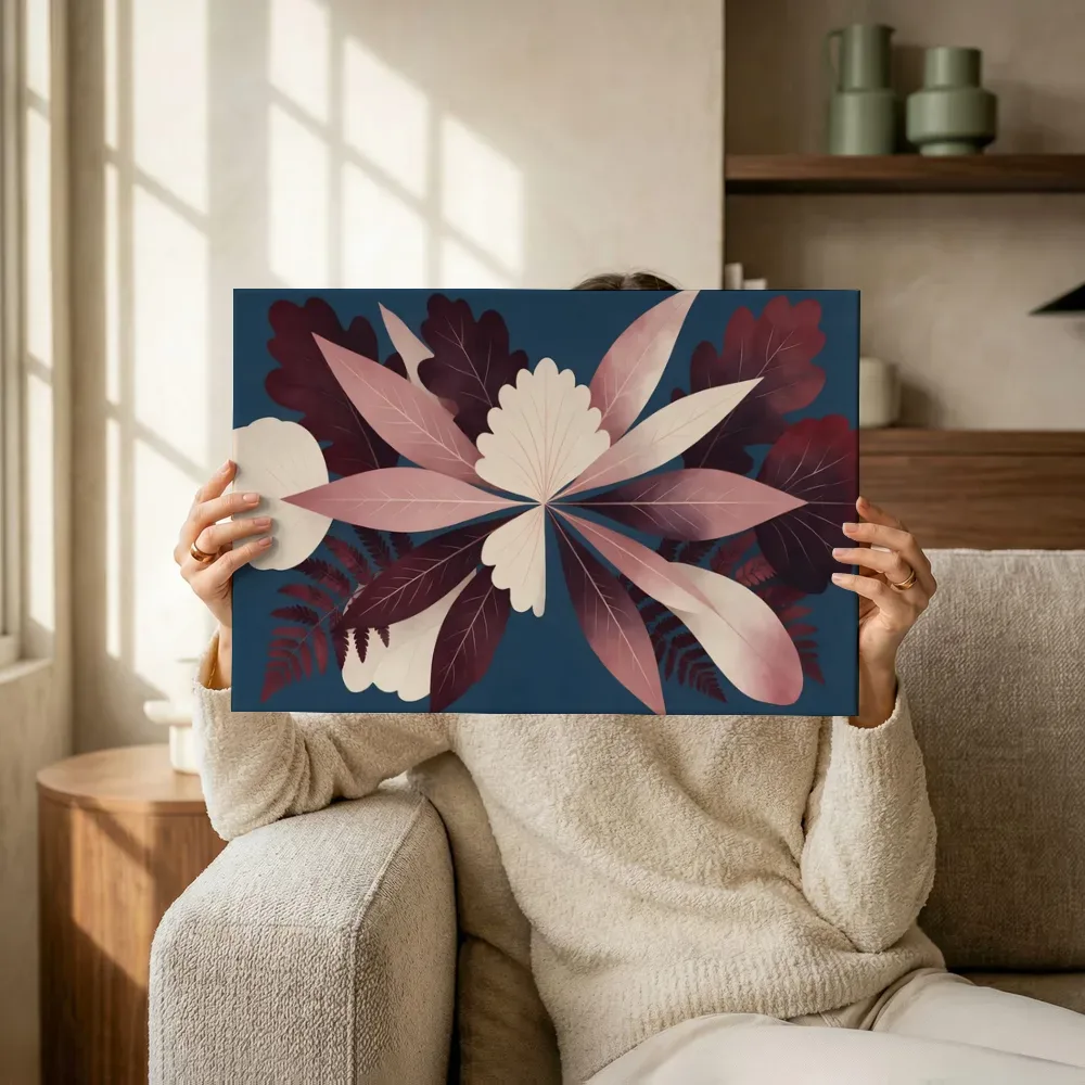 Sfeerimpressie: Gemengd bladpatroon Textured Minimalism in bordeaux terwijl het omhoog wordt gehouden