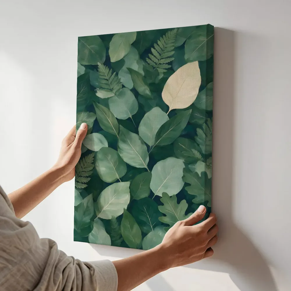 Sfeerimpressie: Gemengd bladpatroon Textured Minimalism in bosgroen terwijl het aan de muur wordt gehangen
