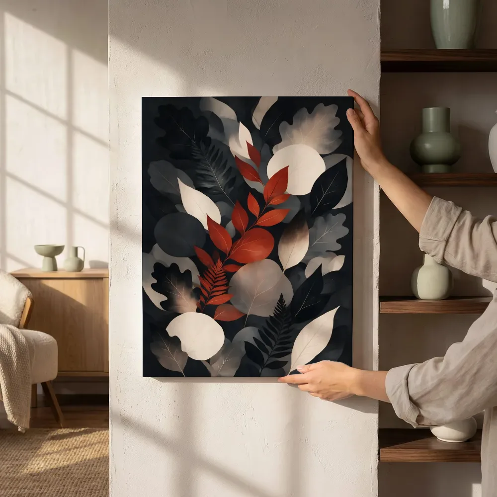 Sfeerimpressie: Gemengd bladpatroon Textured Minimalism in inktzwart 2 naast de kast