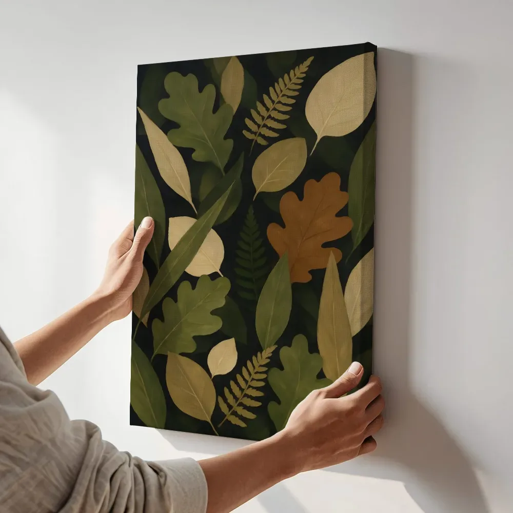 Sfeerimpressie: Gemengd bladpatroon Textured Minimalism in olijfgroen 2 terwijl het aan de muur wordt gehangen