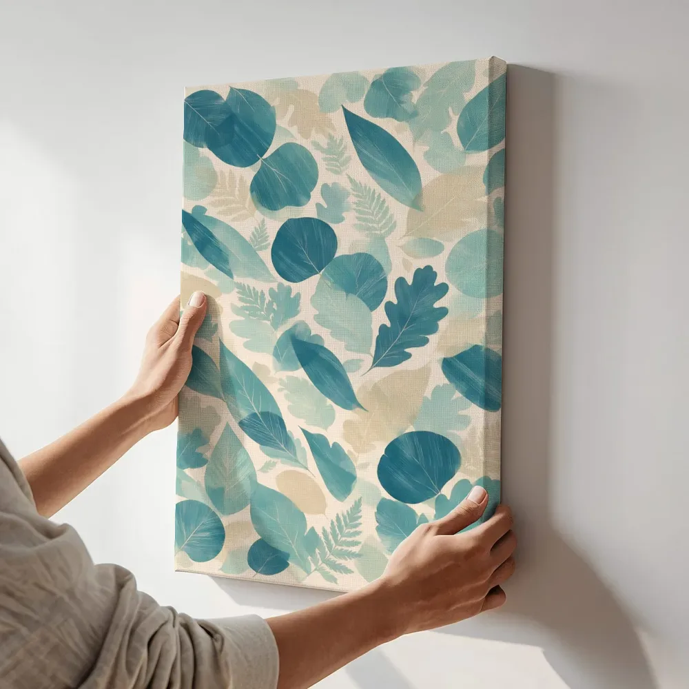 Sfeerimpressie: Gemengd bladpatroon Textured Minimalism in zeeblauw terwijl het aan de muur wordt gehangen