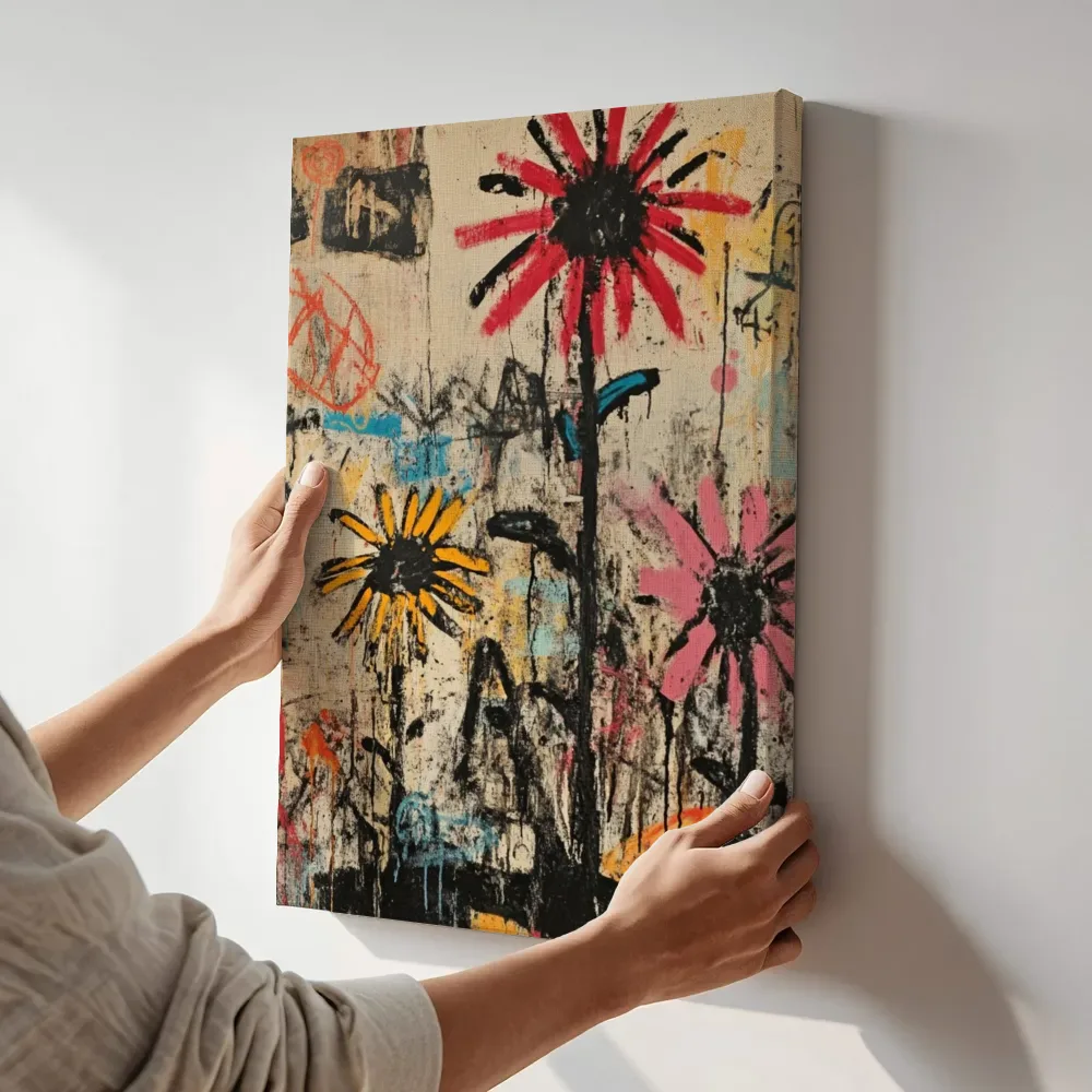 Sfeerimpressie: Gemengd boeket met spikkelbloemen terwijl het aan de muur wordt gehangen
