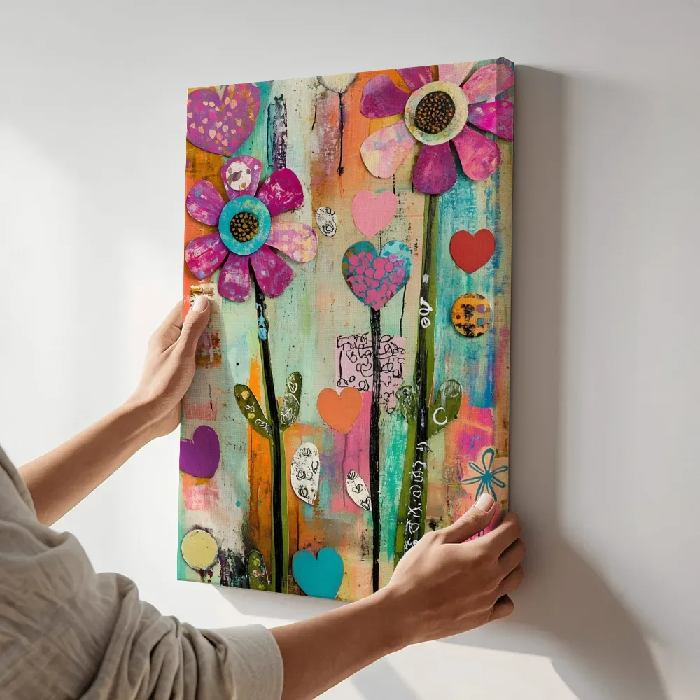 Sfeerimpressie: Gemengde media bloemencollage met hartjes terwijl het aan de muur wordt gehangen