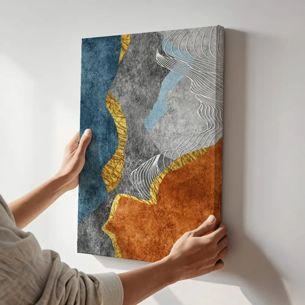Sfeerimpressie: Geologische lagen blauw oranje terwijl het aan de muur wordt gehangen
