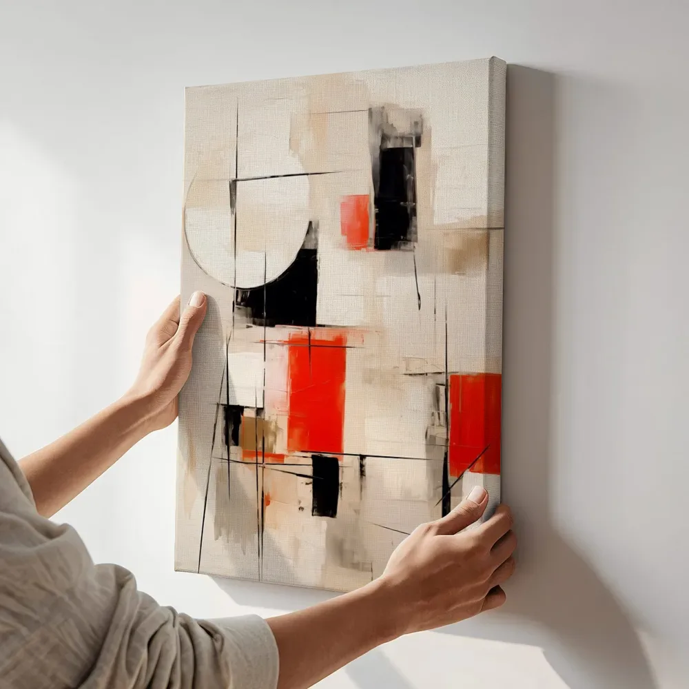 Sfeerimpressie: Geometrisch abstract in rood en zwart terwijl het aan de muur wordt gehangen