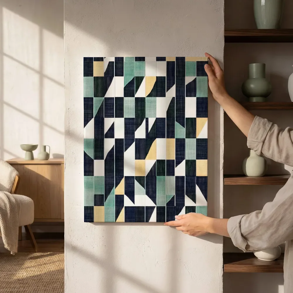 Sfeerimpressie: Geometrisch rasterpatroon in marineblauw en mosterd naast de kast