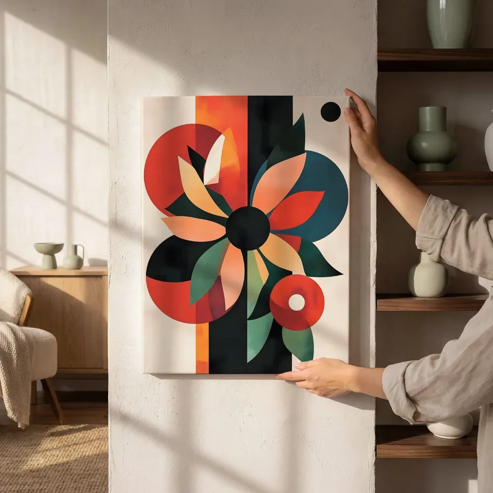 Sfeerimpressie: Geometrische bloem in rood en teal naast de kast