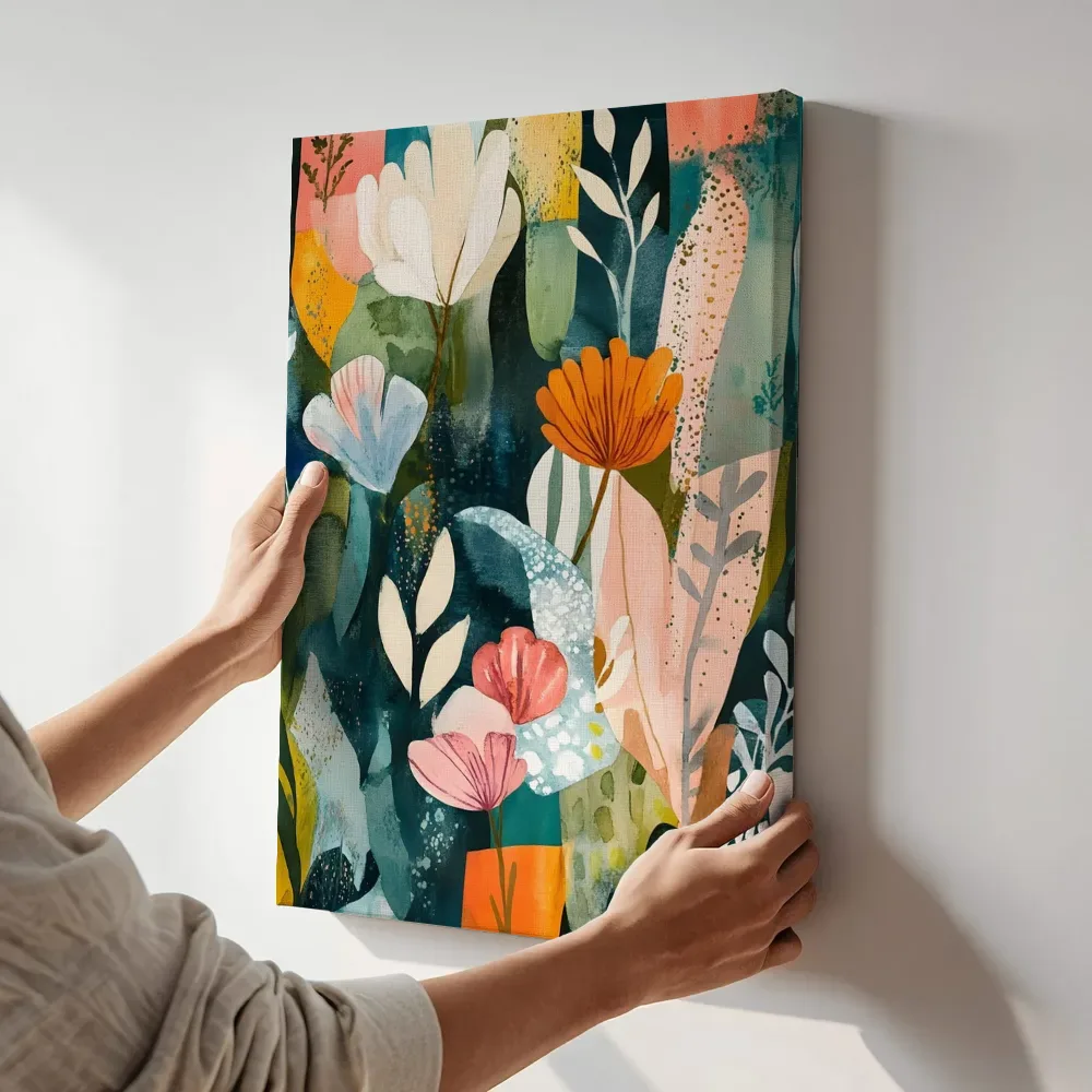 Sfeerimpressie: Geometrische bloemen collage terwijl het aan de muur wordt gehangen