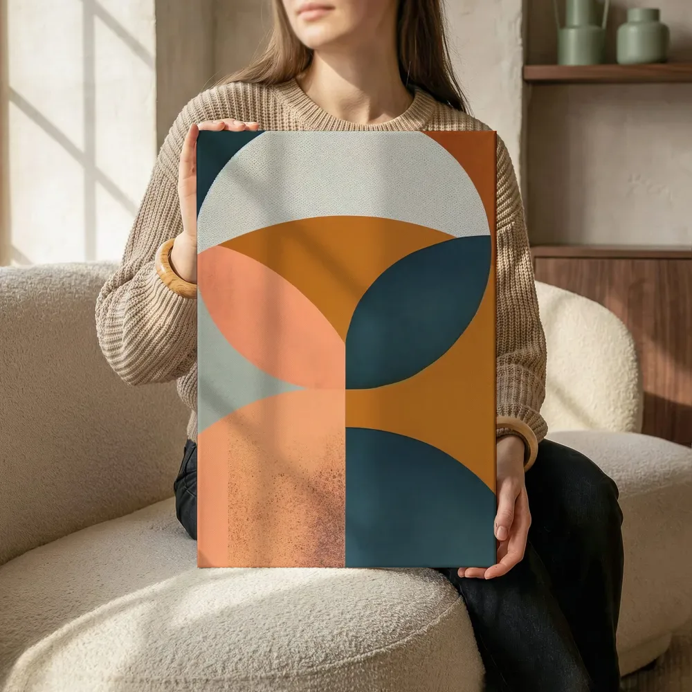 Sfeerimpressie: Geometrische cirkelvormen in oranje en teal terwijl het zittend wordt getoond
