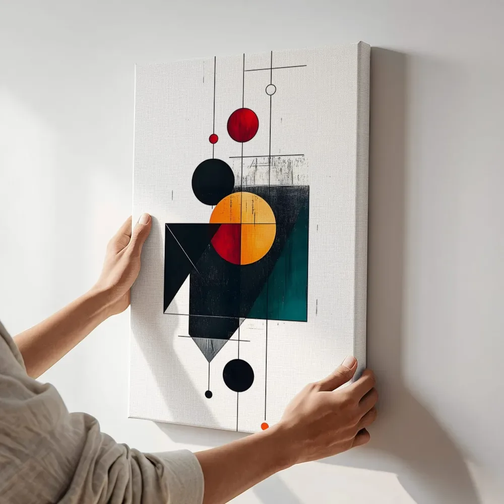 Sfeerimpressie: Geometrische compositie met cirkels en lijnen terwijl het aan de muur wordt gehangen