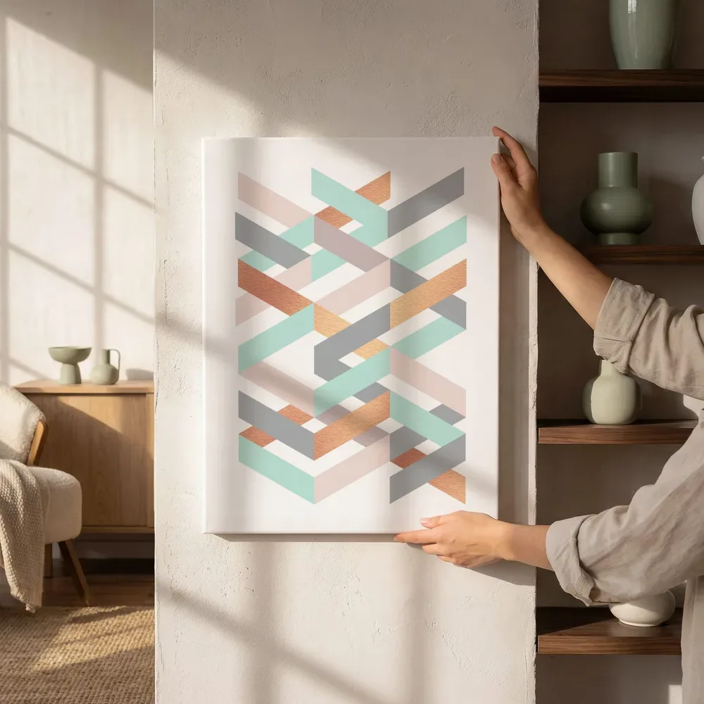 Sfeerimpressie: Geometrische linten in mint, roze en koper naast de kast