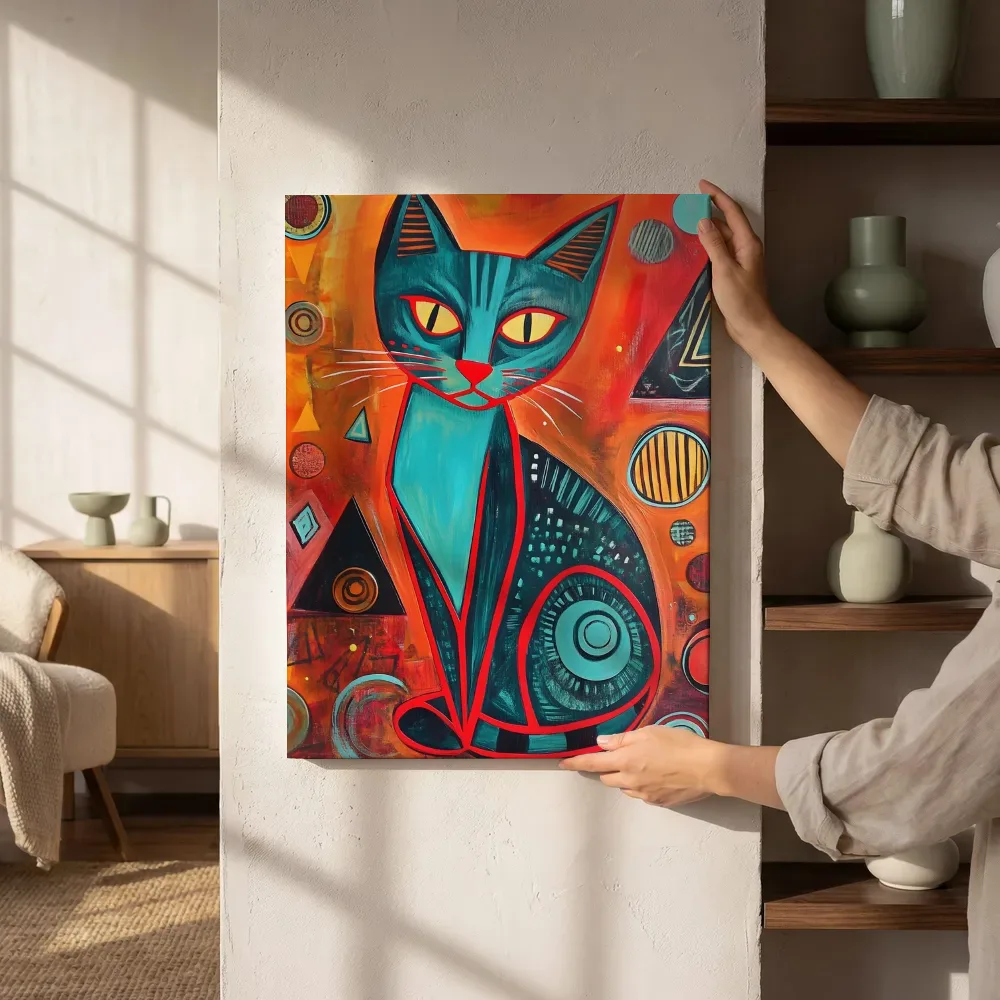 Sfeerimpressie: Geometrische turquoise kat naast de kast