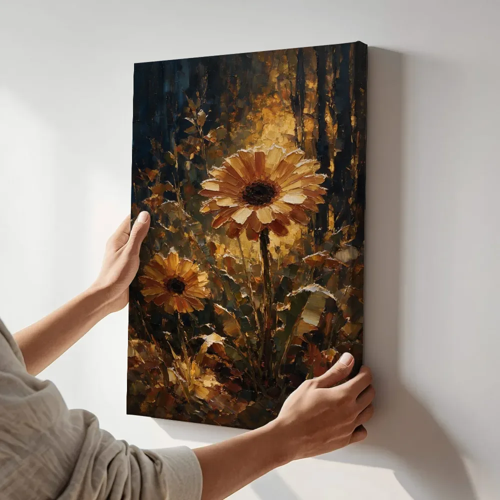 Sfeerimpressie: Gerbera aan de bosrand in kopergloed terwijl het aan de muur wordt gehangen