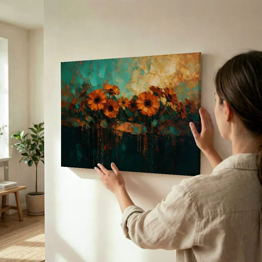Sfeerimpressie: Gerbera aan de oever in roestturkoois terwijl het wordt opgehangen