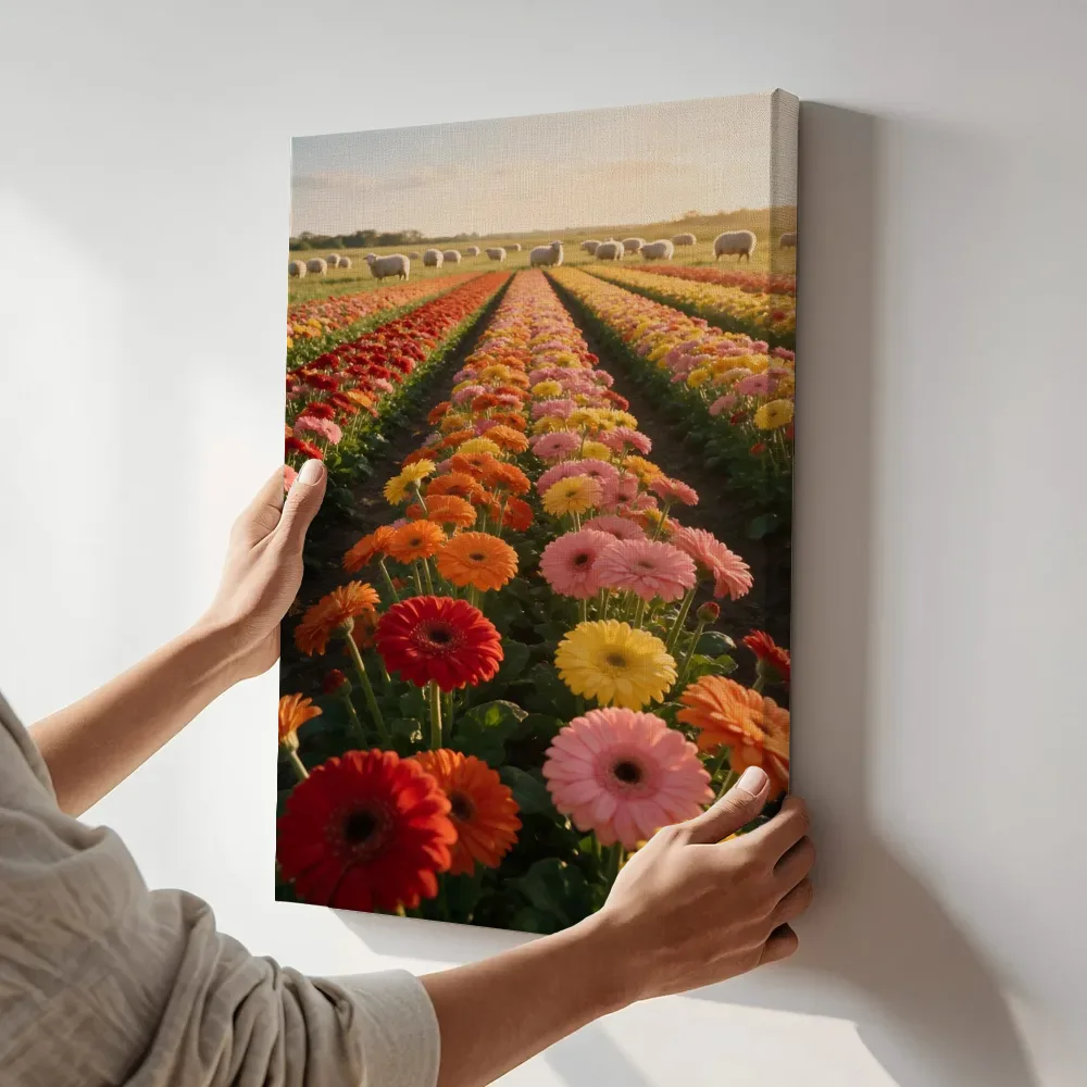 Sfeerimpressie: Gerbera bij het gouden uur 9 terwijl het aan de muur wordt gehangen