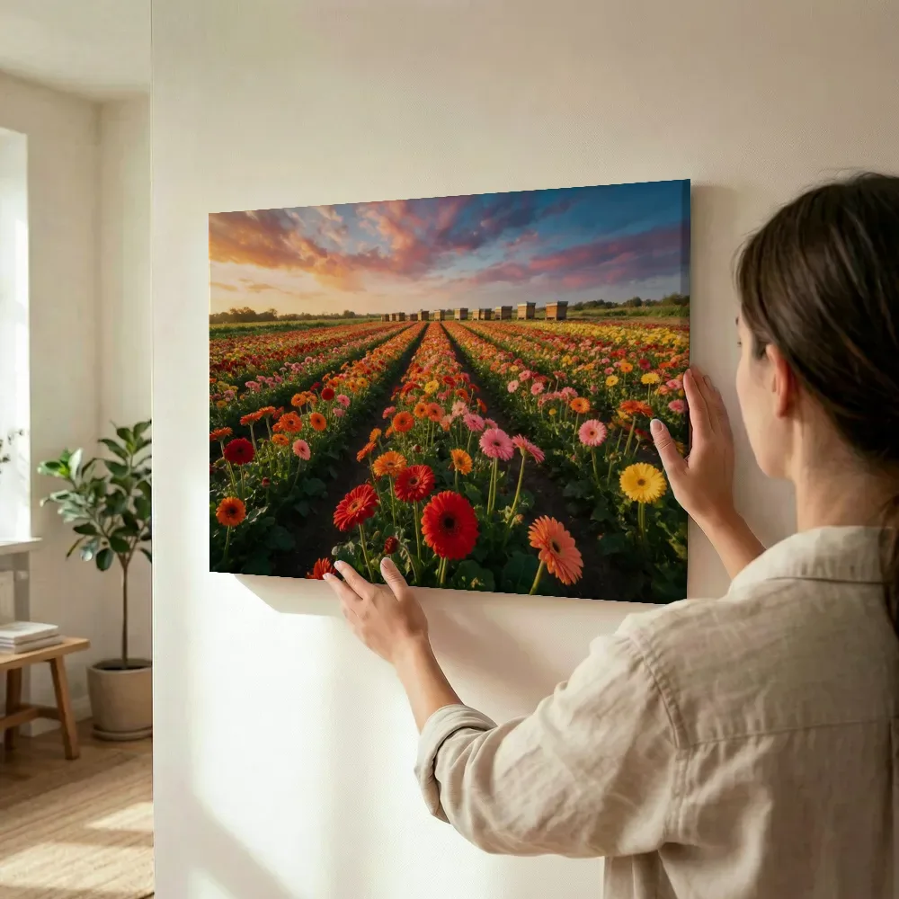 Sfeerimpressie: Gerbera bij het gouden uur terwijl het wordt opgehangen