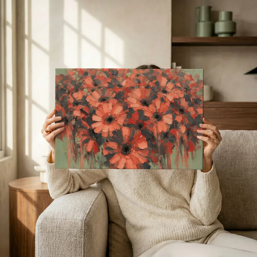 Sfeerimpressie: Gerbera in antracietkoraal terwijl het omhoog wordt gehouden