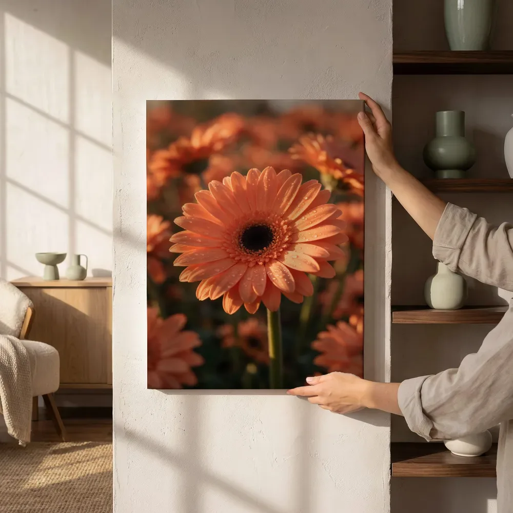 Sfeerimpressie: Gerbera in dauw, gouden gloed, koraaloranje naast de kast