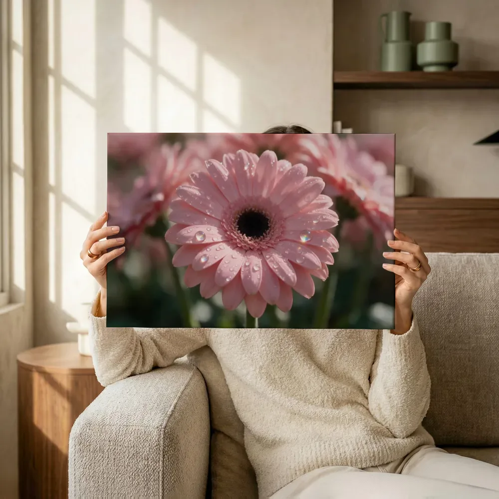 Sfeerimpressie: Gerbera in dauw, regenboogglans, zachtroze terwijl het omhoog wordt gehouden