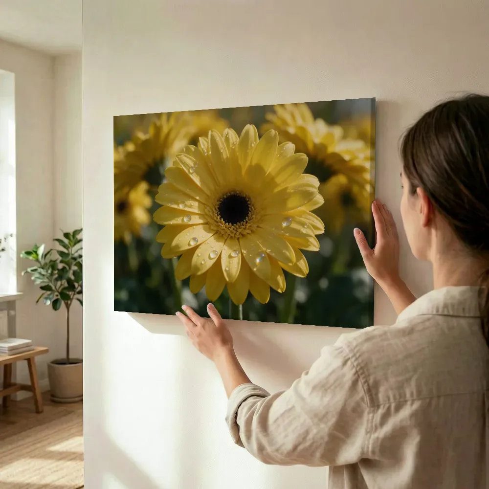 Sfeerimpressie: Gerbera in dauw, regenboogglans, zonnegeel terwijl het wordt opgehangen