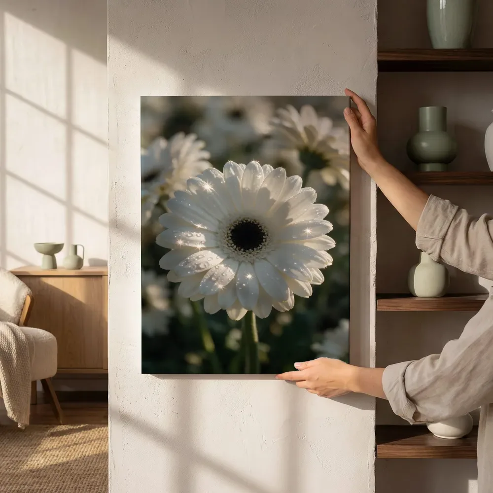 Sfeerimpressie: Gerbera in dauw, sterrenglans, wit naast de kast
