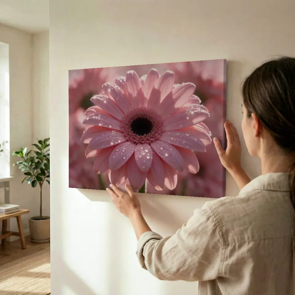 Sfeerimpressie: Gerbera in dauw, sterrenglans, zachtroze terwijl het wordt opgehangen