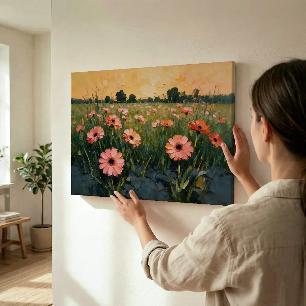 Sfeerimpressie: Gerbera in de weide in groenroze terwijl het wordt opgehangen