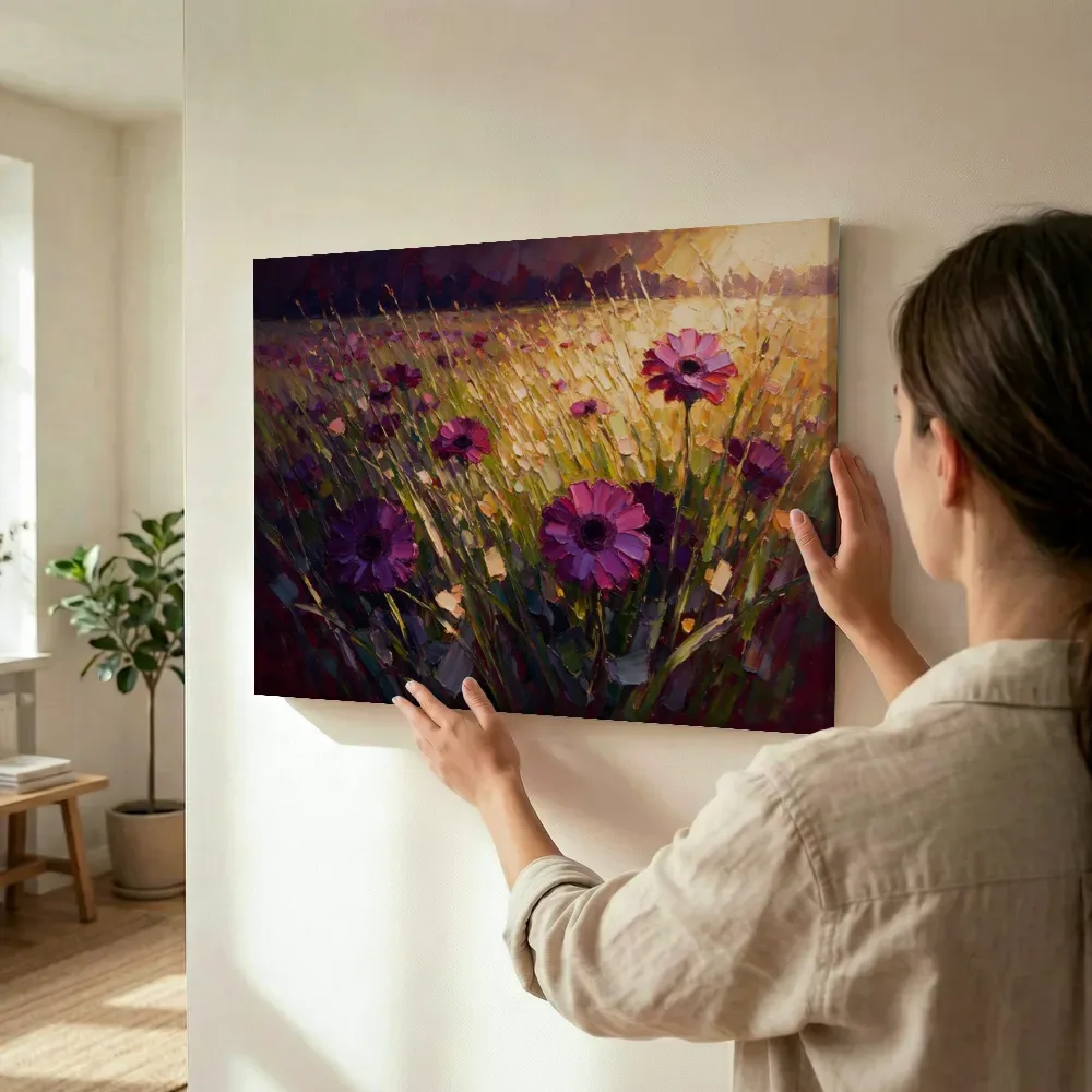 Sfeerimpressie: Gerbera in de weide in violet terwijl het wordt opgehangen