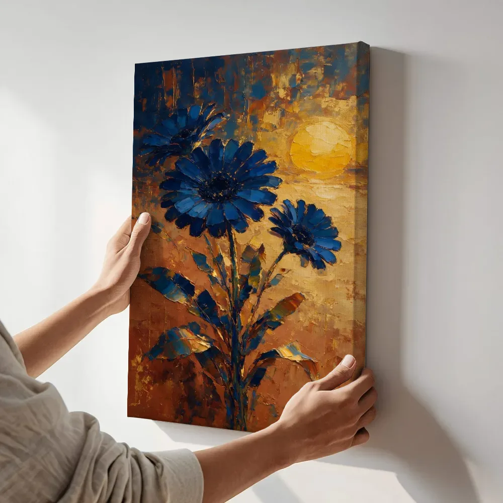 Sfeerimpressie: Gerbera in diepblauw terwijl het aan de muur wordt gehangen