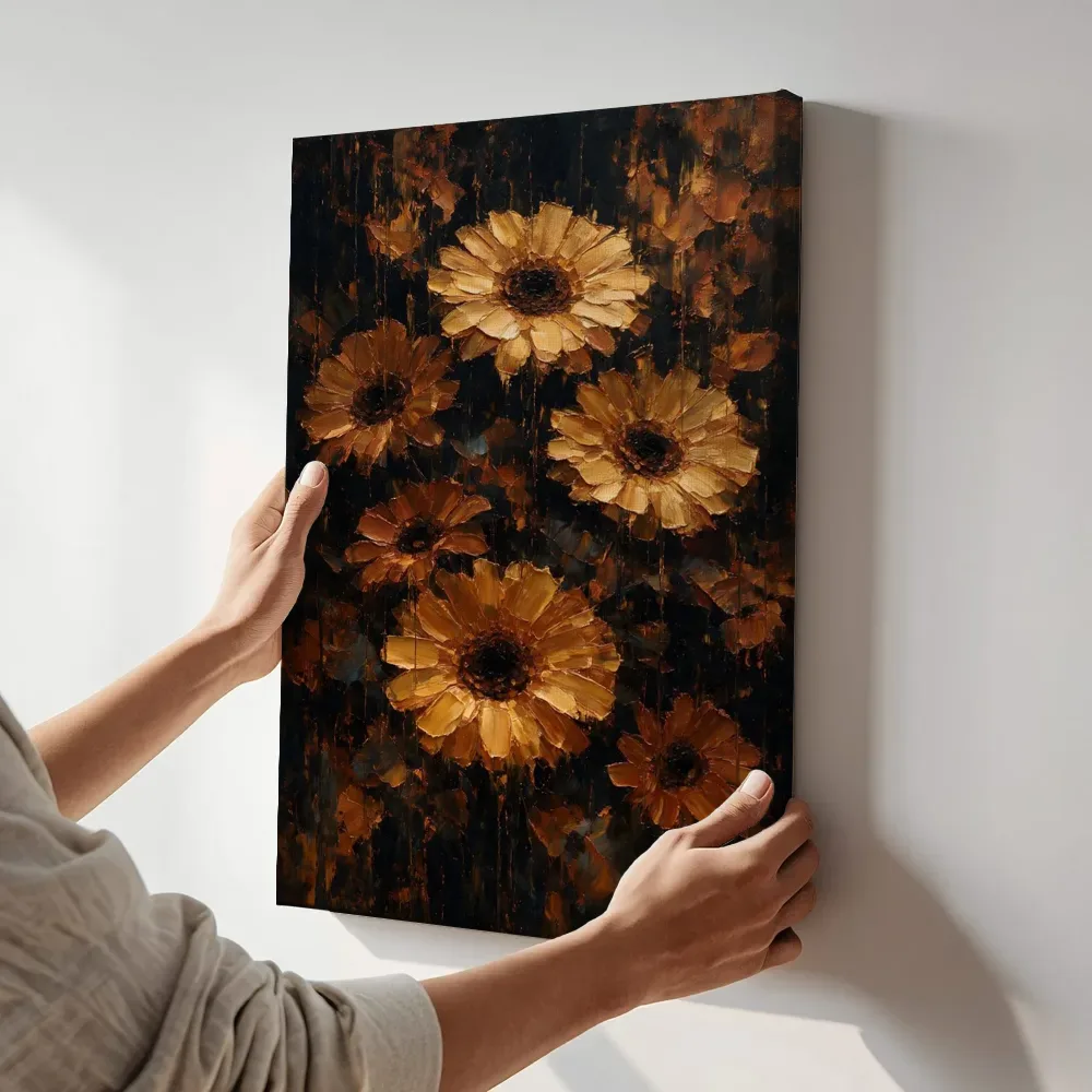 Sfeerimpressie: Gerbera in groepjes in kopergloed terwijl het aan de muur wordt gehangen