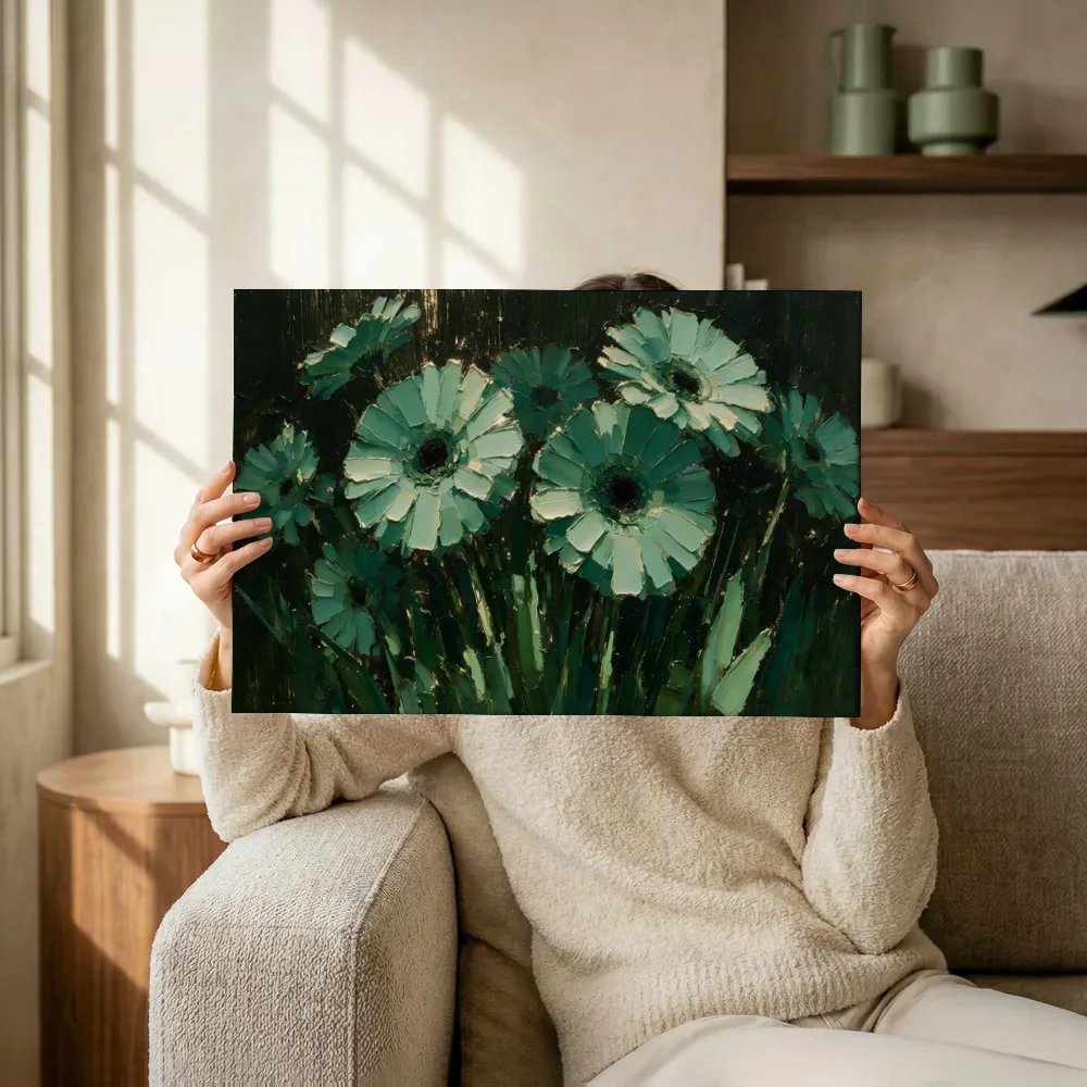 Sfeerimpressie: Gerbera in groepjes in zeegroen terwijl het omhoog wordt gehouden