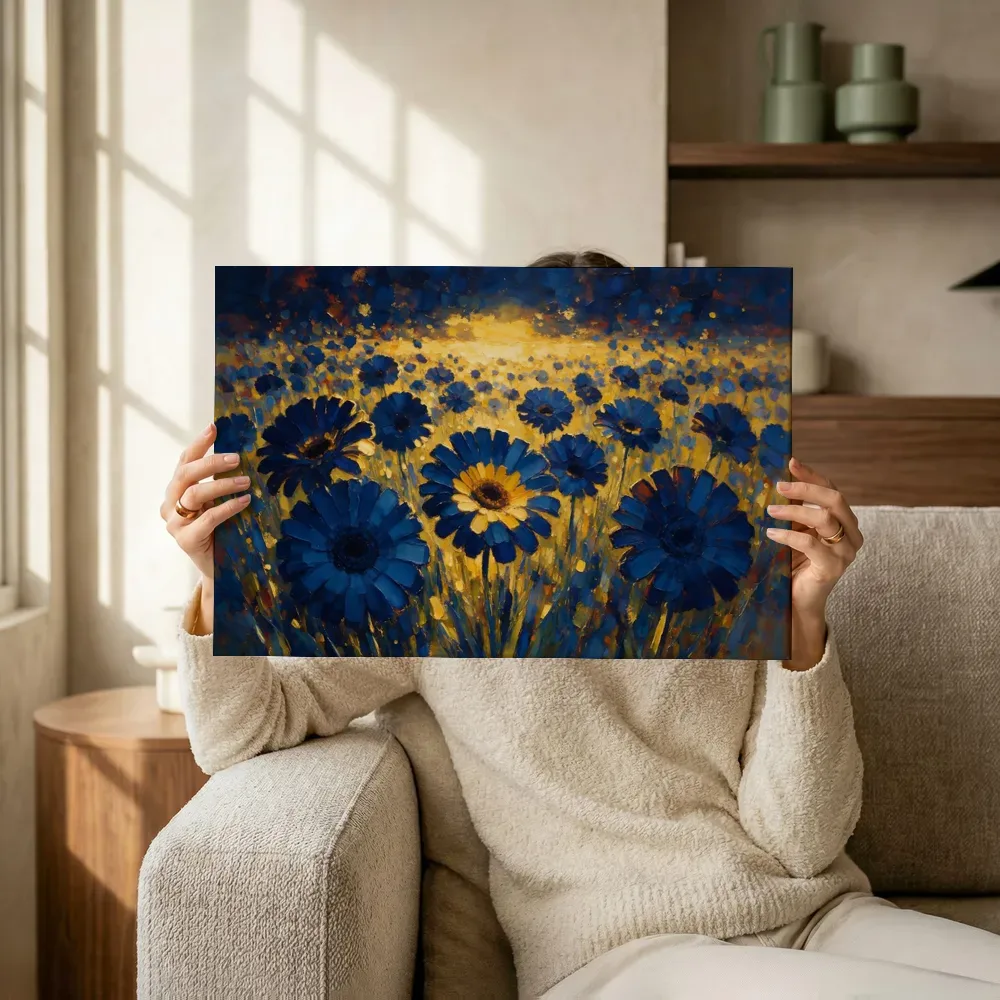 Sfeerimpressie: Gerbera in het landschap in blauwgeel terwijl het omhoog wordt gehouden