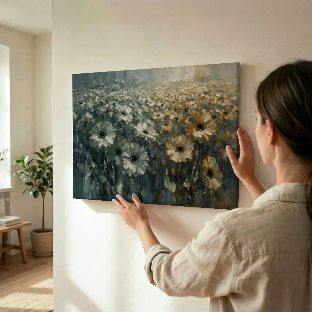 Sfeerimpressie: Gerbera in het landschap in saliegrijs terwijl het wordt opgehangen