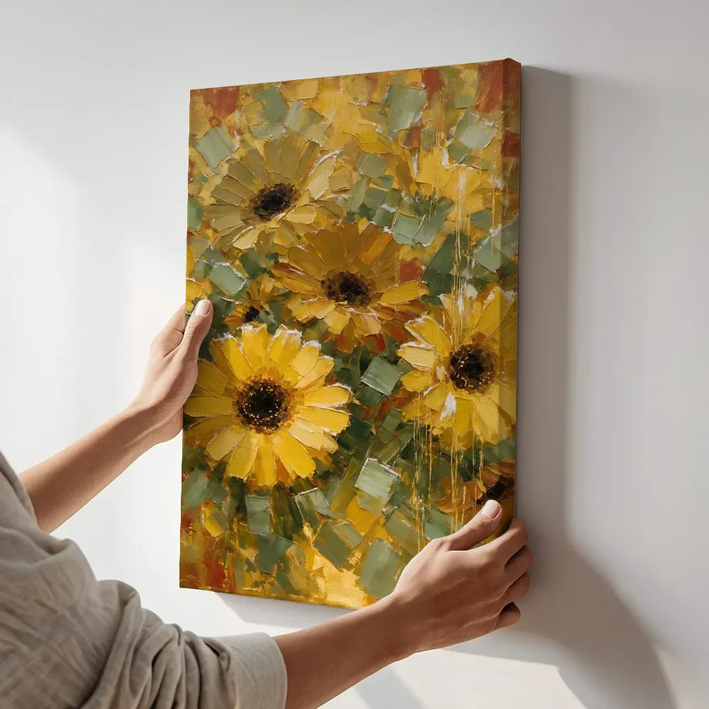 Sfeerimpressie: Gerbera in mosterd terwijl het aan de muur wordt gehangen