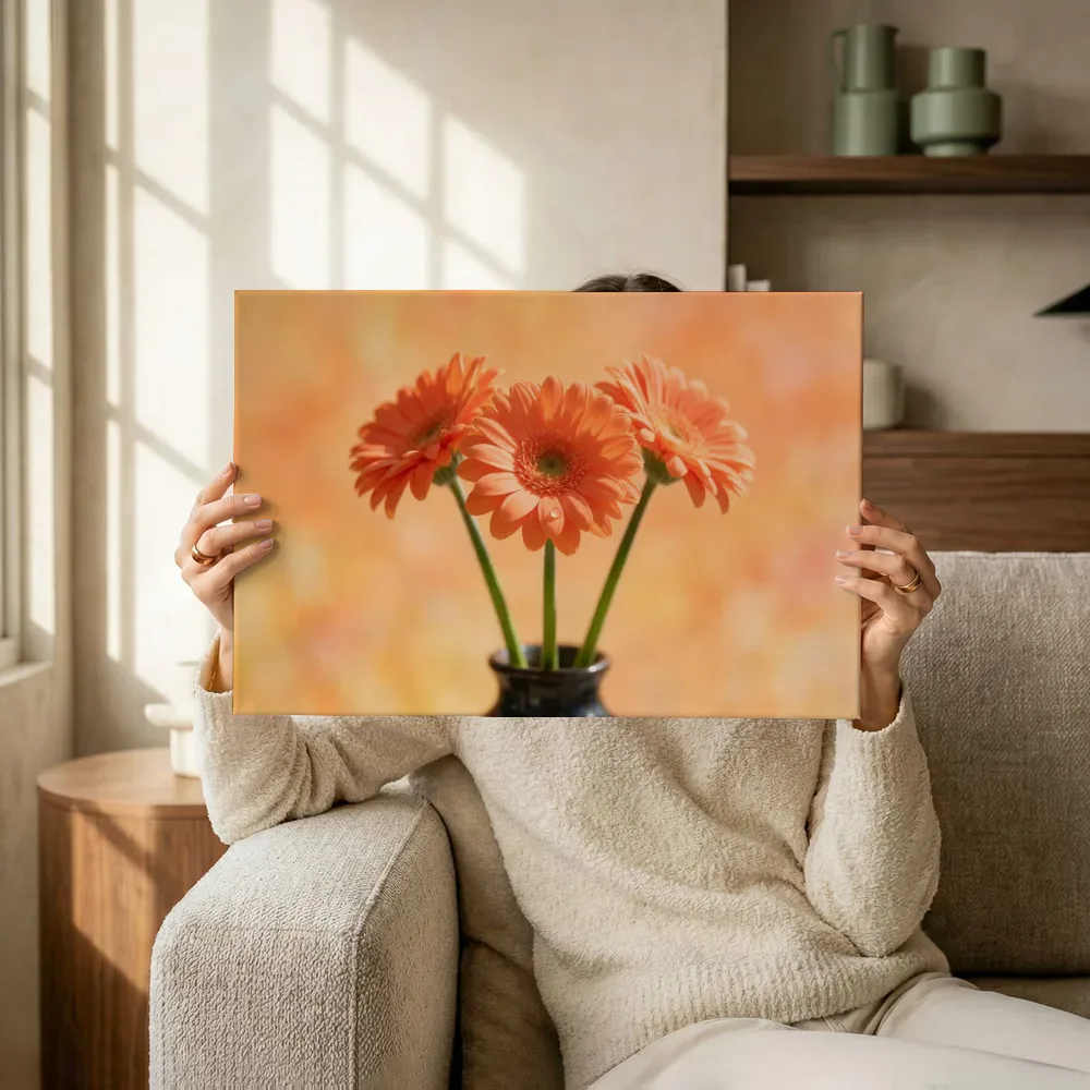 Sfeerimpressie: Gerbera in volle zon, koraaloranje 3 terwijl het omhoog wordt gehouden