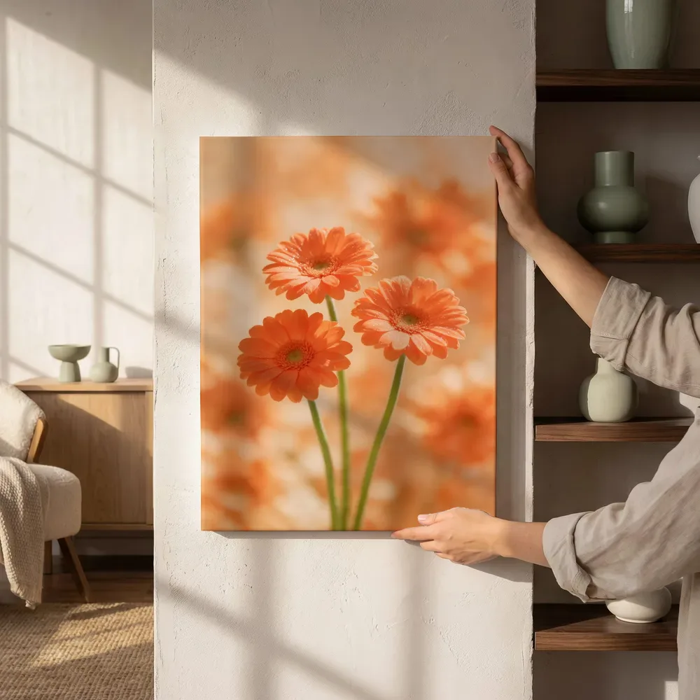 Sfeerimpressie: Gerbera in volle zon, koraaloranje naast de kast